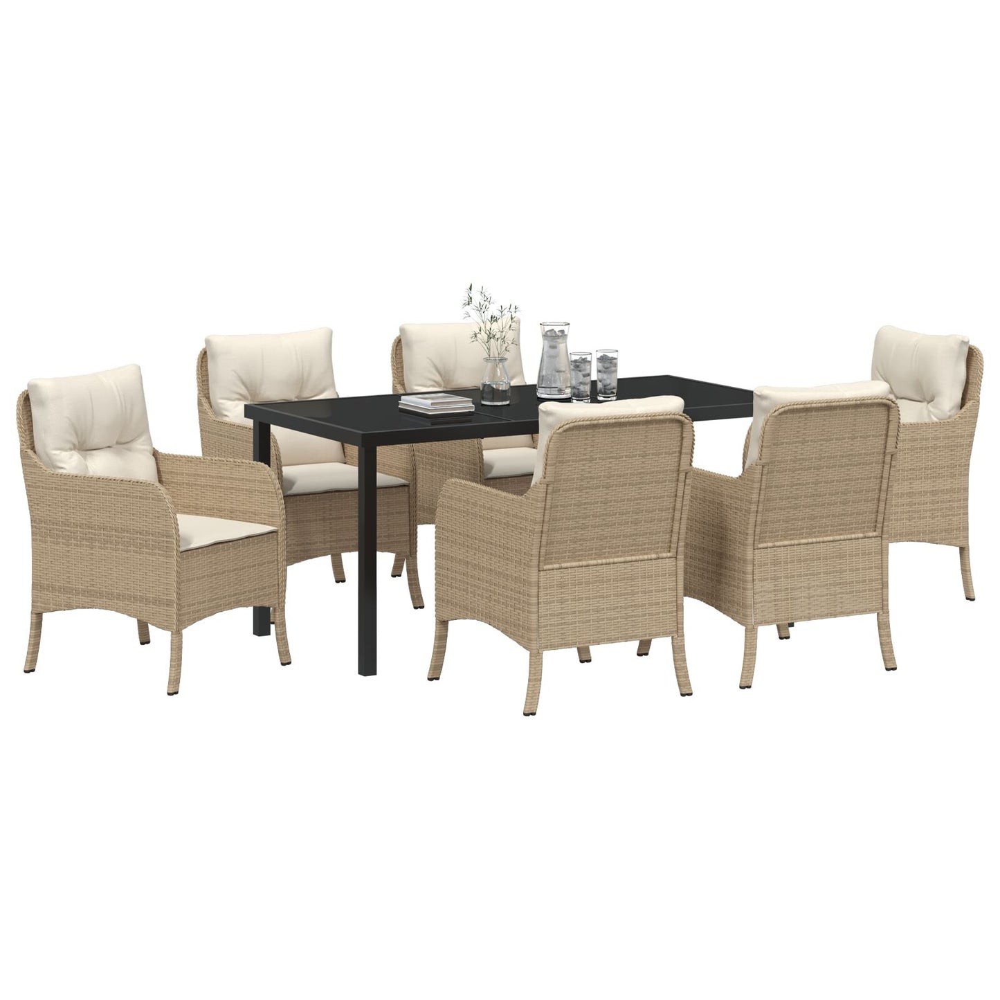 7-Delig Tuin Eetset Met Kussens Beige Poly Riet