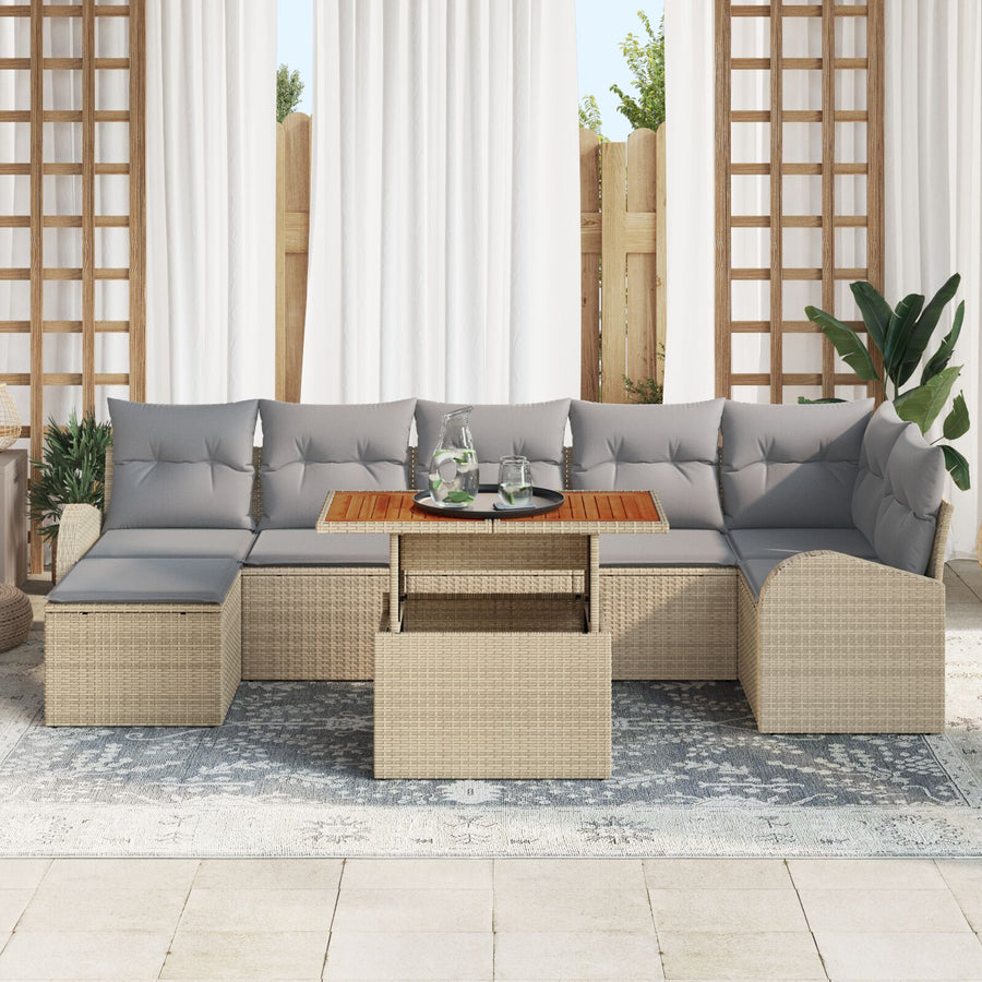8-Delige Tuin Eettafelset Met Kussens Beige Poly Rattan Acacia