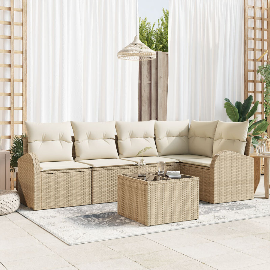 6-Delige Tuin Sofa Set Met Kussens Bruin Poly Rattan Beige en Crème met tafel