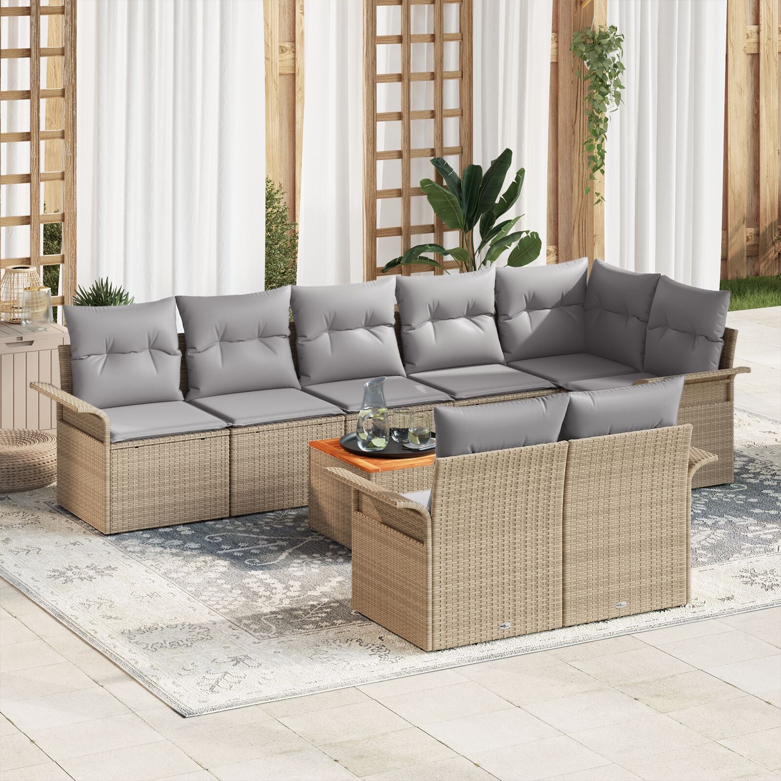 9-Delige Tuinbankset Met Kussens Beige Poly Riet Acacia
