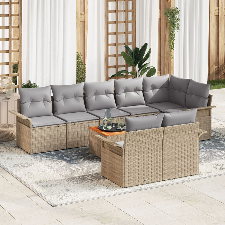 9-Delige Tuinbankset Met Kussens Beige Poly Riet Acacia