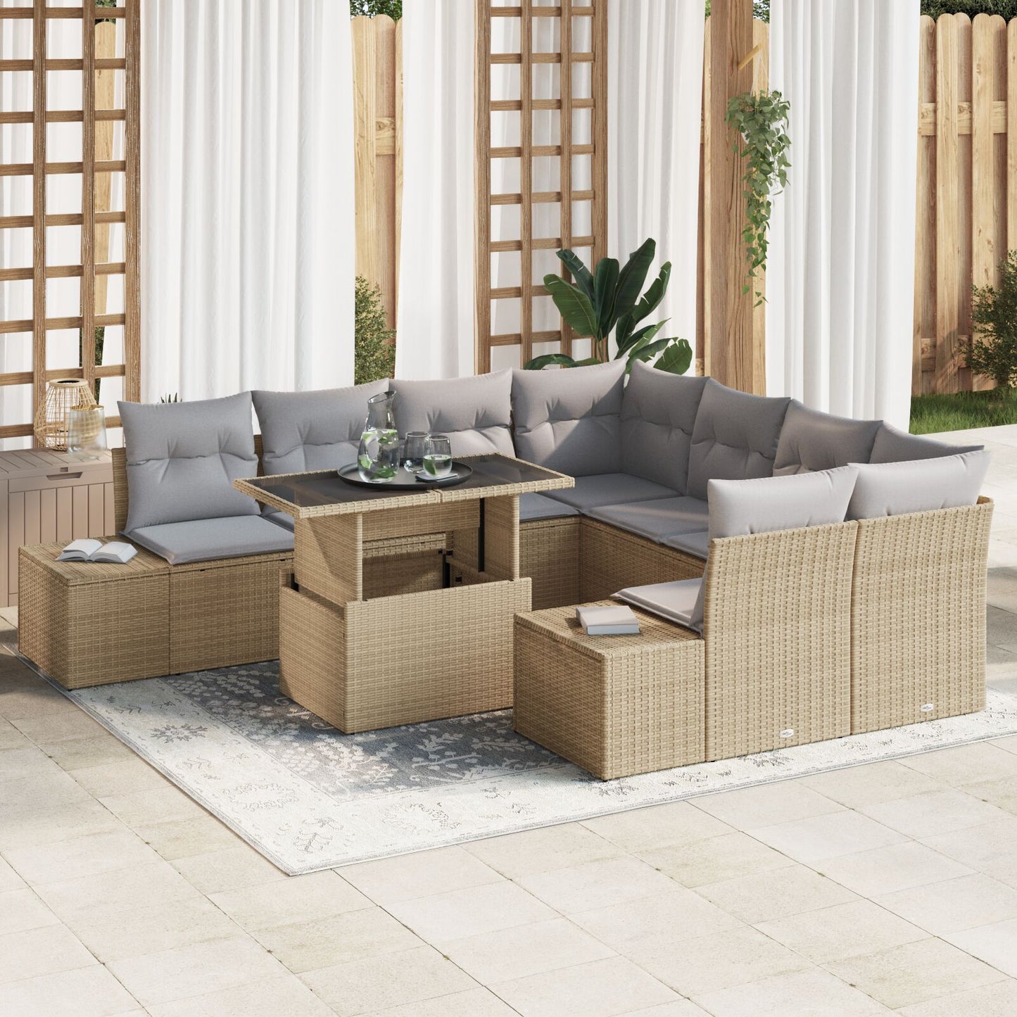 Tuin Sofa Set 9-Delig Grijs, Beige Poly Rattan Tuin Sofa Set