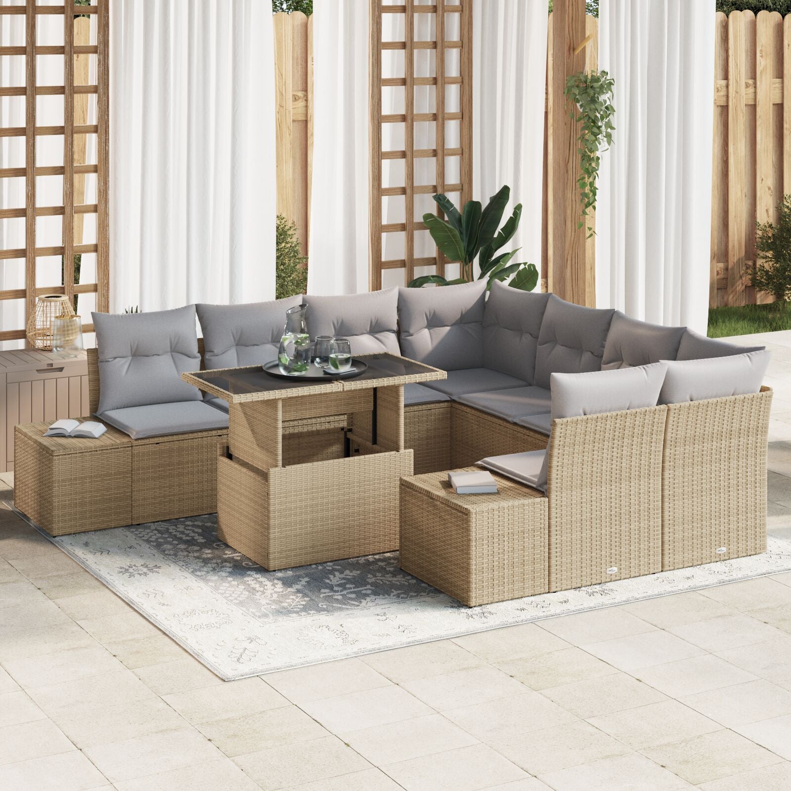 Tuin Sofa Set 9-Delig Grijs, Beige Poly Rattan Tuin Sofa Set