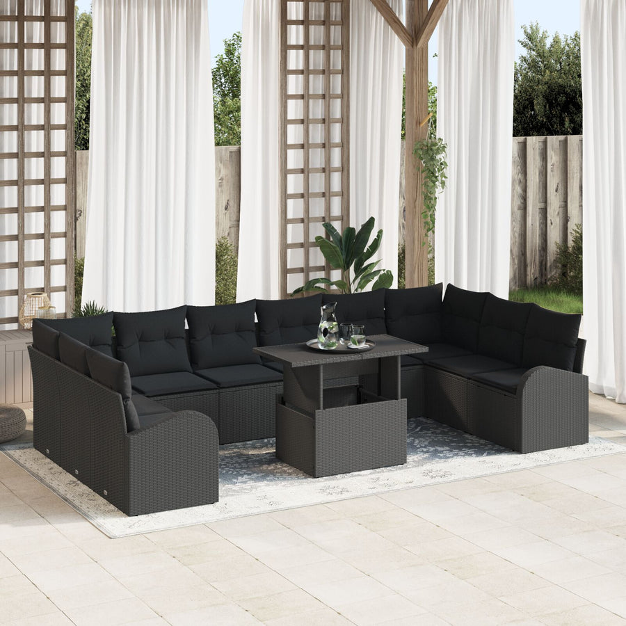 11-Delige Tuinsofa Set Met Kussens Zwart Poly Rattan