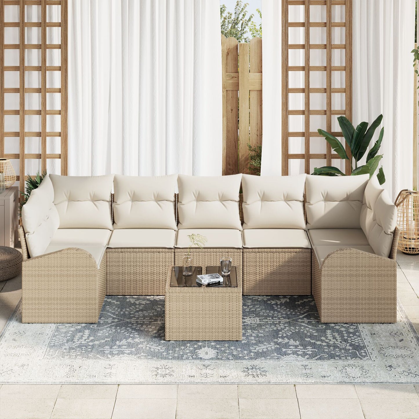8 Stuk Tuin Sofa Set Met Kussens Beige Poly Rattan