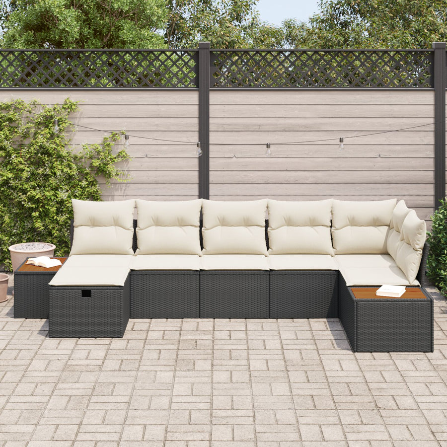 7-Delige Tuin Sofa Set Met Kussens Zwart Poly Rattan