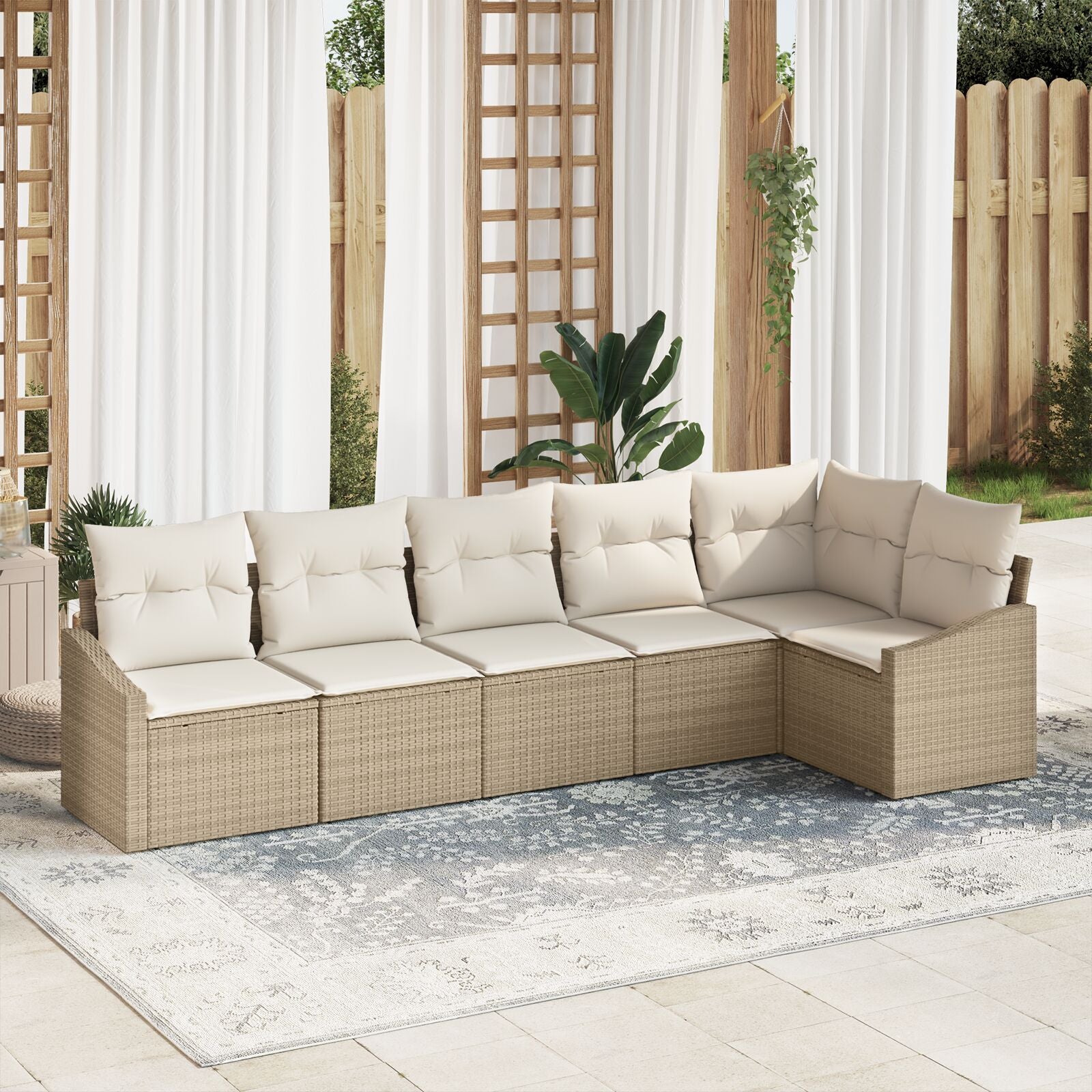 Tuin Sofa Set Set Van 6 Beige Riet, Polyester Buiten Sofa