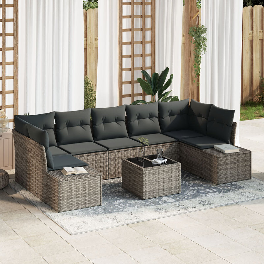 8-Delige Tuinbankset Met Kussens Grijze Poly Rattan