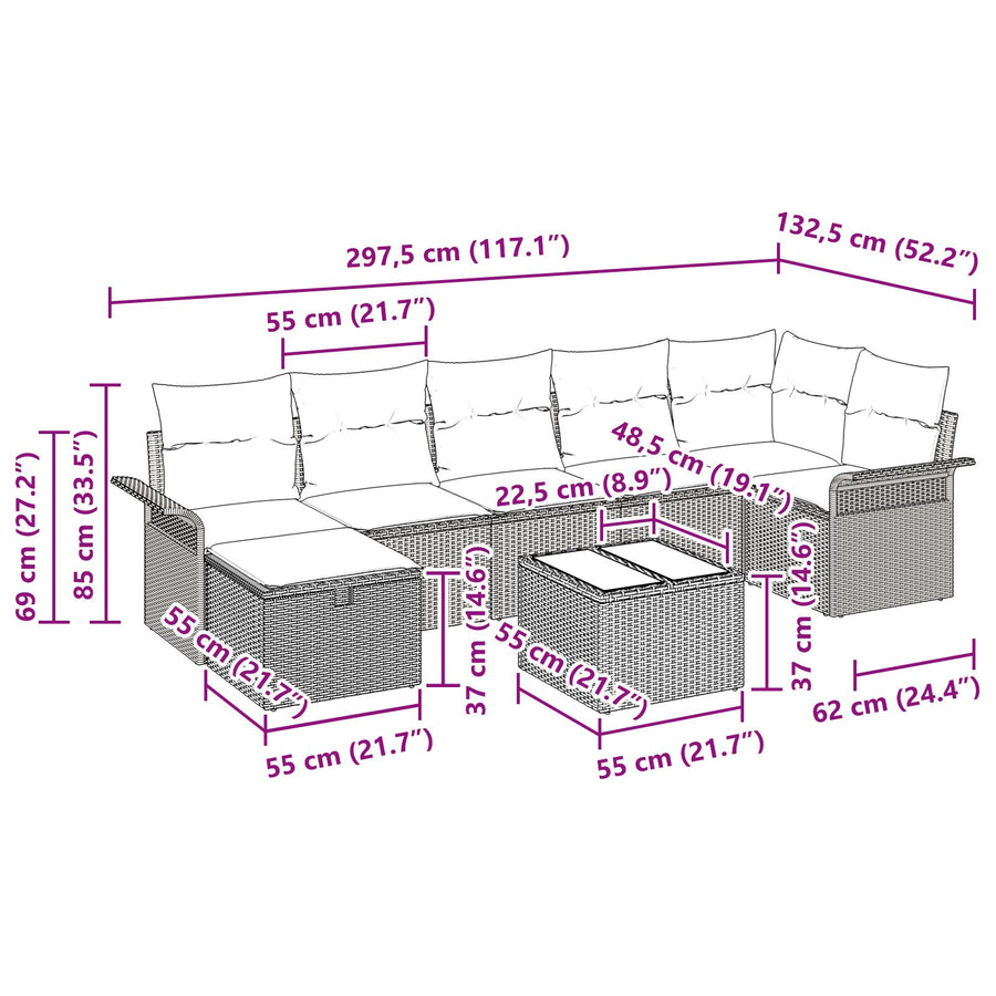 8-Delige Tuin Sofa Set Met Kussens Zwart Poly Rattan