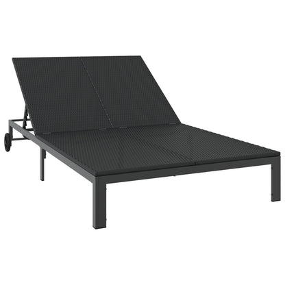 Zonnebed Met Kussens En Wielen Voor 2 Personen Poly Rattan Zwart 200 x 109 x 27,5 cm