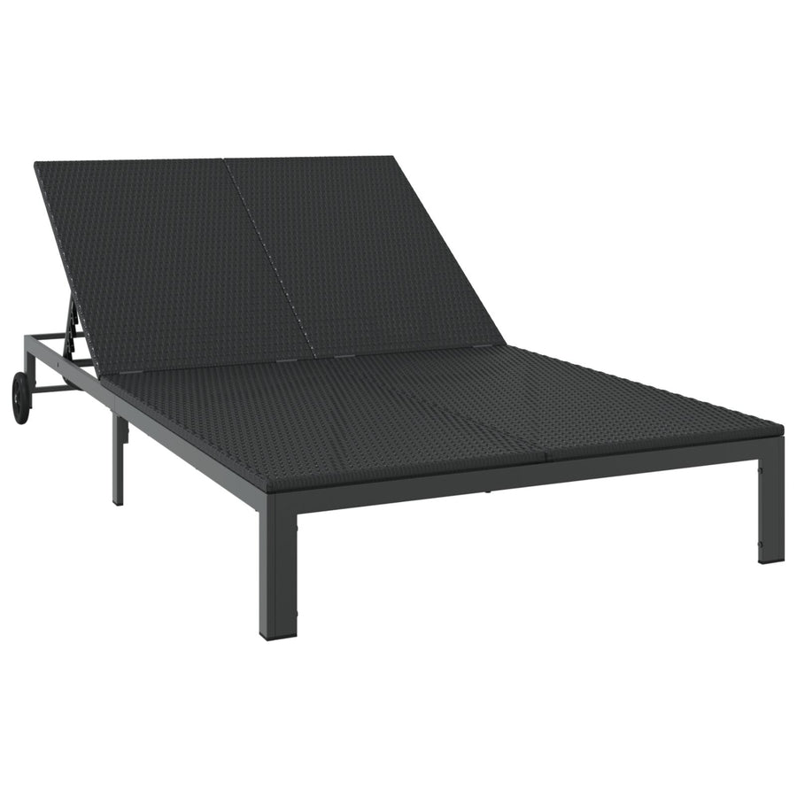 Zonnebed Met Kussens En Wielen Voor 2 Personen Poly Rattan Zwart 200 x 109 x 27,5 cm