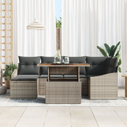 7 Delige Tuin Eetset Met Kussens Grijs Poly Riet Acacia
