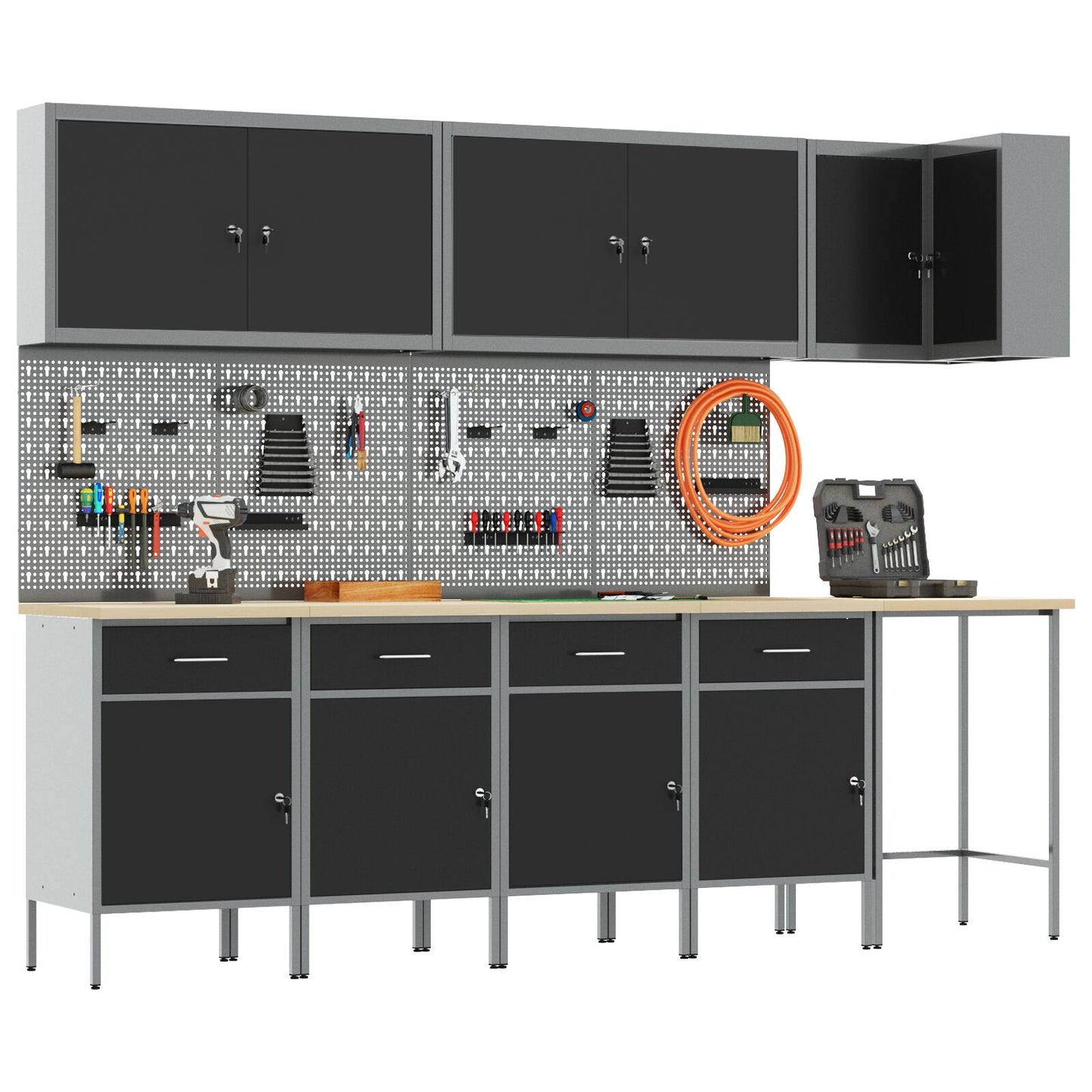 12-Delige Werkmeubel En Pegboard Set Mdf En Metaal 4x (84 cm) Zwart Tafel + 7x kast + 4x pegboard