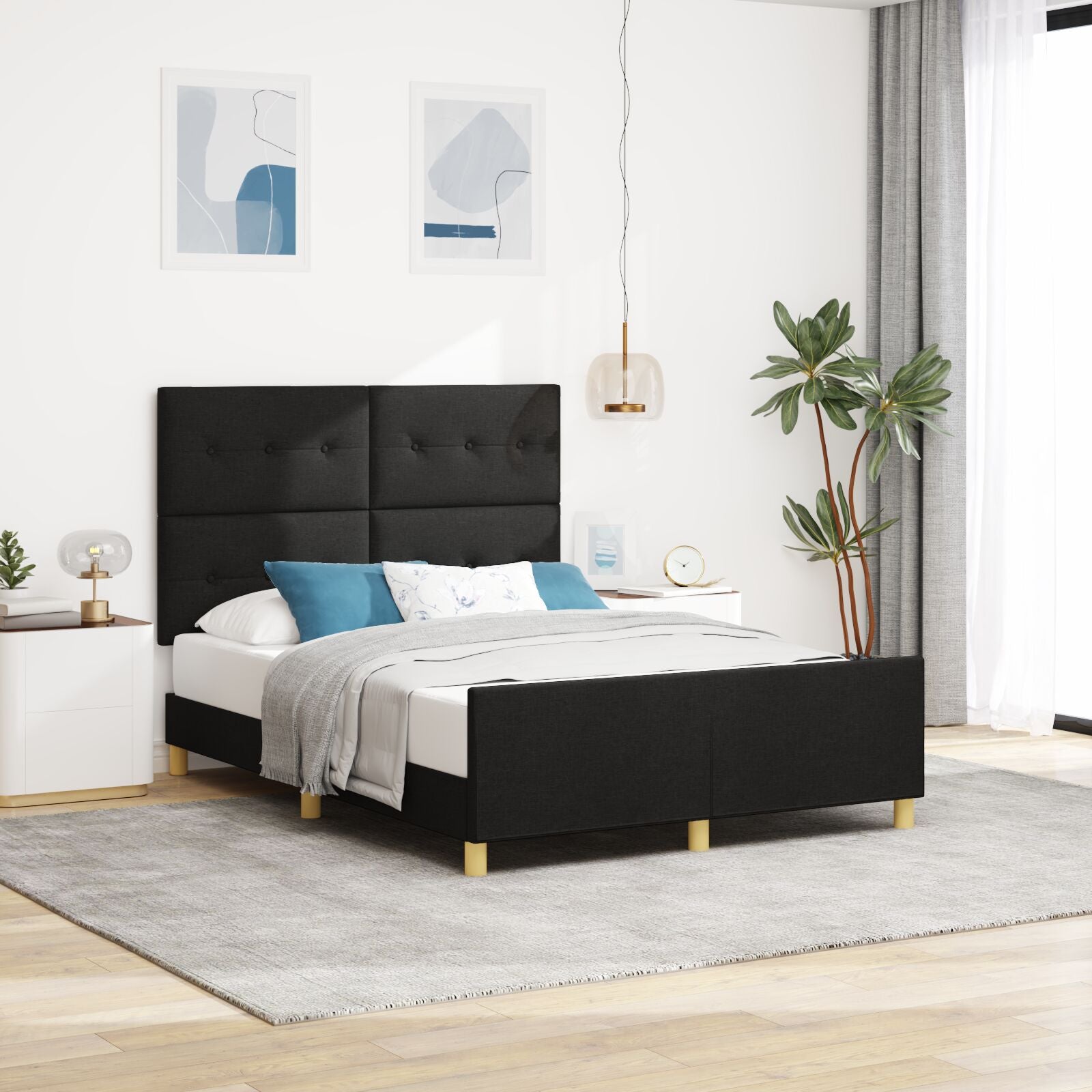 Bedframe Zwart 140X200 Cm Stof Crème