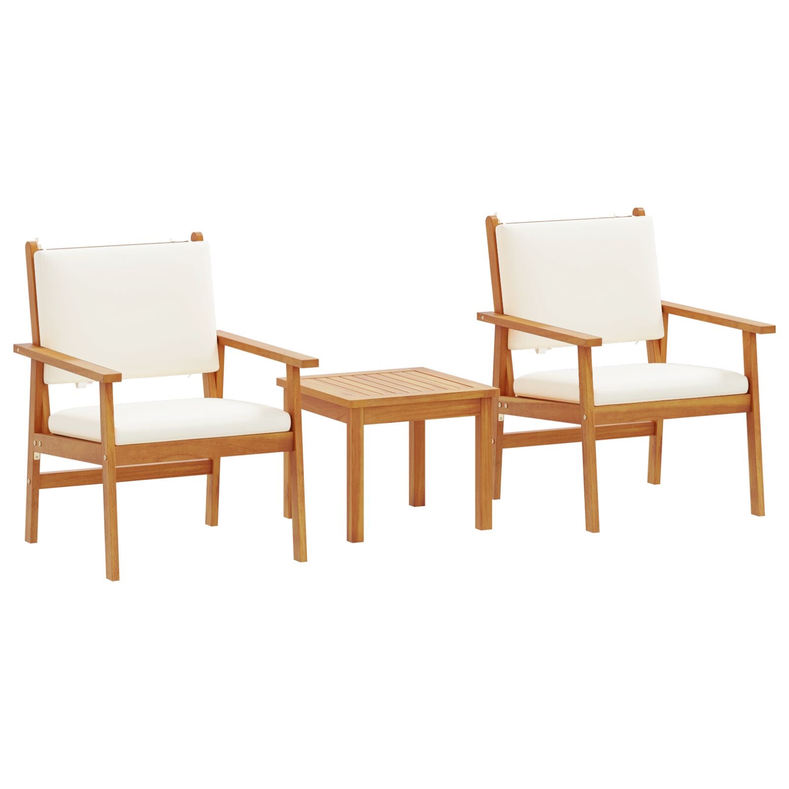 3-Delige Tuin Bistroset Met Kussens Van Massief Acaciahout Crèmewit Tafel + 2 stoelen