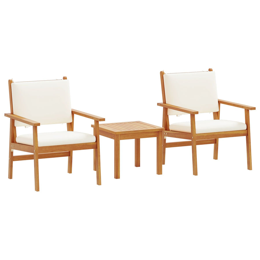 3-Delige Tuin Bistroset Met Kussens Van Massief Acaciahout Crèmewit Tafel + 2 stoelen