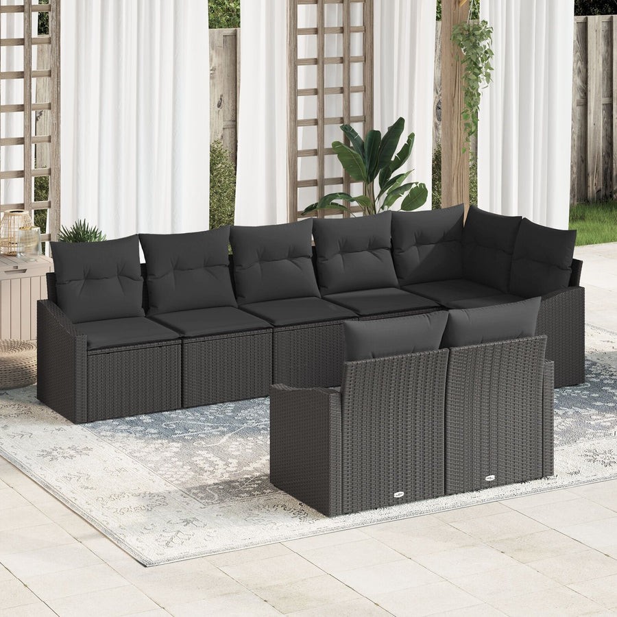 8-Delige Tuin Eettafel Set Met Kussens Zwart Poly Rattan