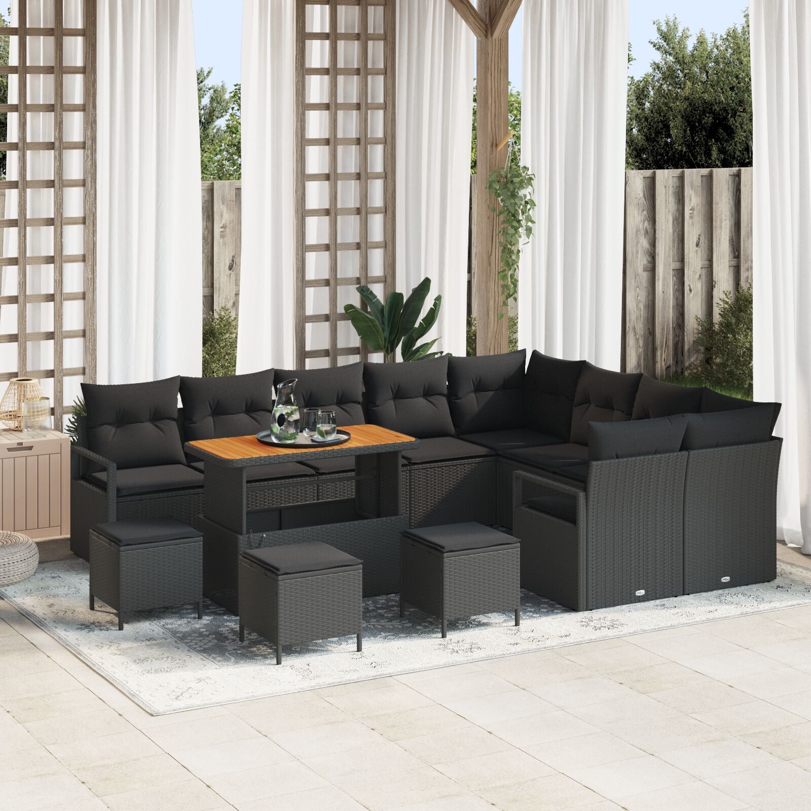 13-Delige Tuinsofa Set Met Kussens Zwart Poly Rattan Acacia, 2-Zits Tuinsofa Met Opbergruimte & Kussens Zwart Poly Rattan, 4-Delige Tuin Eetset Met Kussens Zwart Poly Rattan Acacia Wit