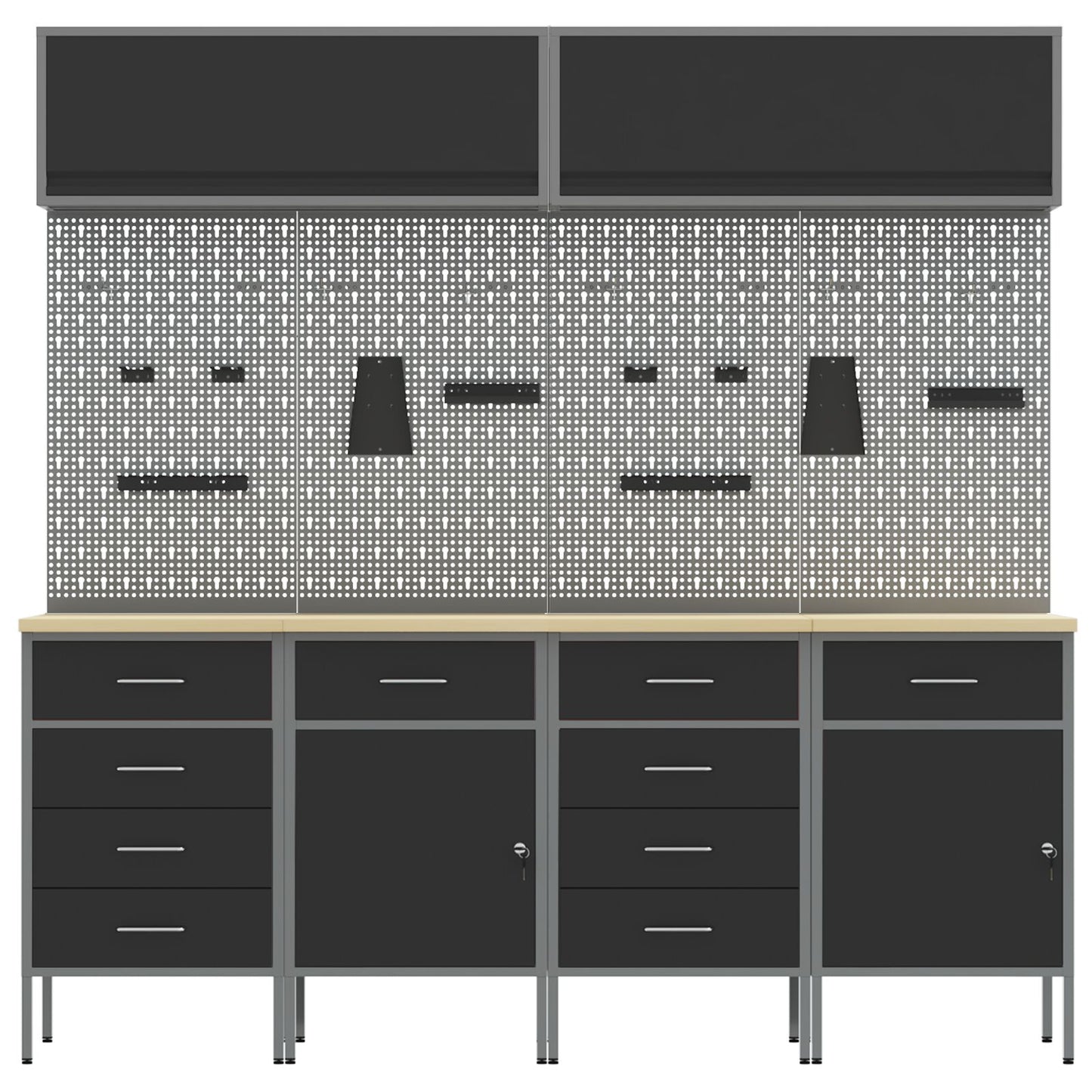 10-Delige Werkcabinet En Pegboard Set Mdf En Metaal 4x (2x84/2x85 cm) Zwart 4x kast + 4x pegboard + 2x kast met deur