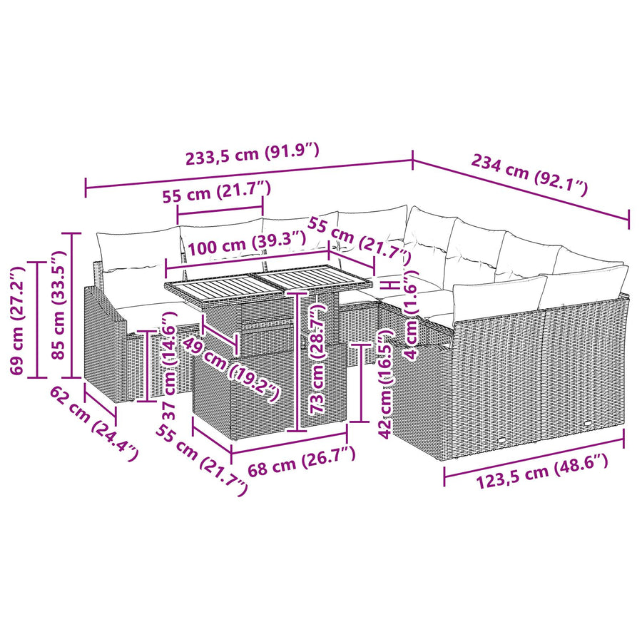 9-Delige Tuin Eettafel Set Met Kussens Grijs Poly Riet Acacia