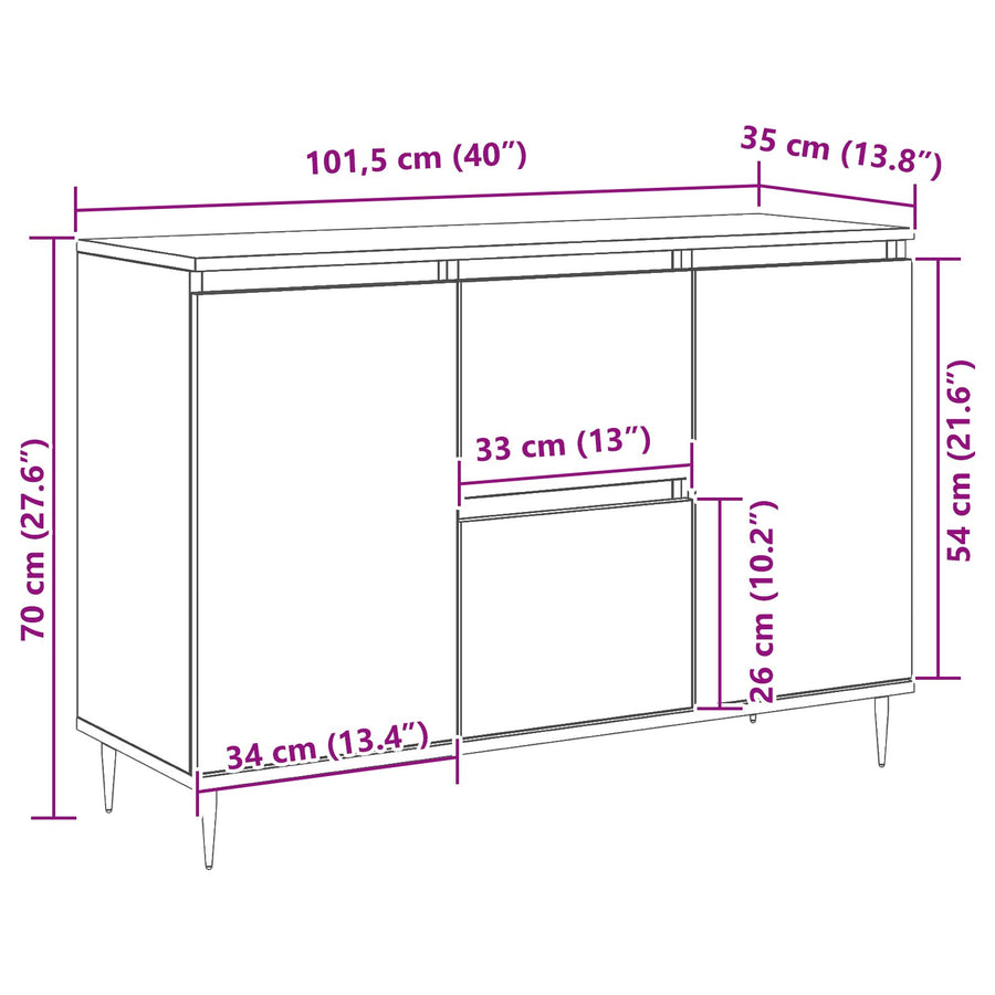 Dressoir Met Deuren & Lades Oud Hout 101,5X35X70 Cm