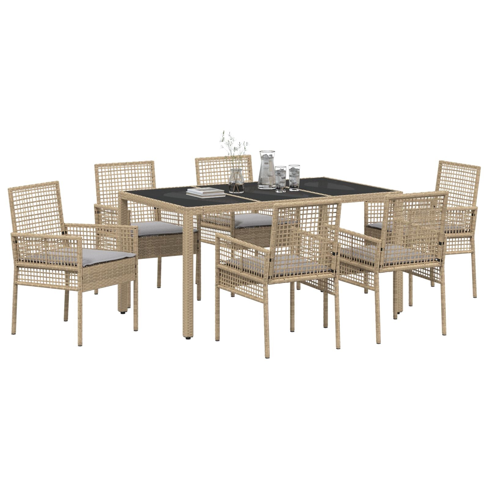 7-Delig Tuin Eettafelset Met Kussens Beige Poly Rattan