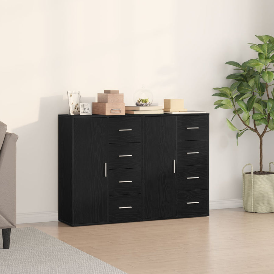Sideboard Set Van 2 Zwart Eiken Hout, Metalen Handvatten