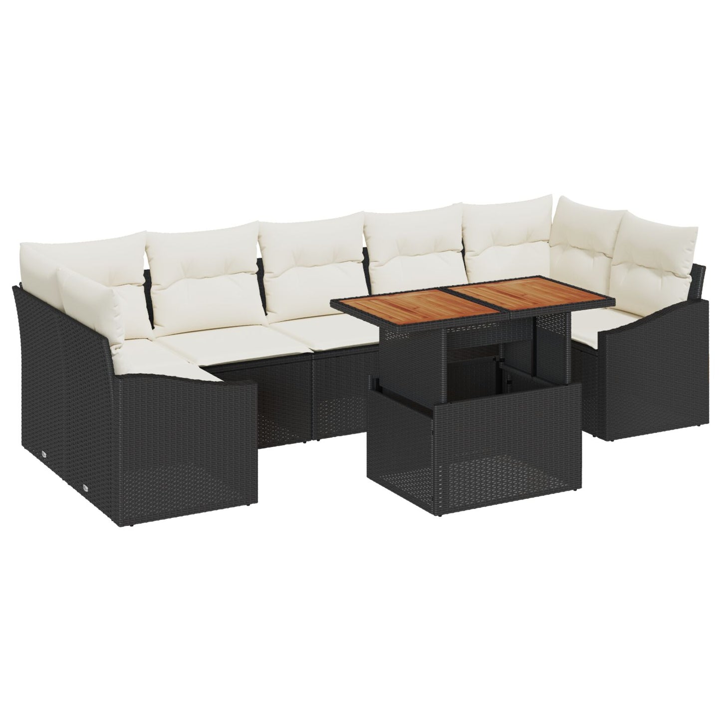 8-Delige Tuin Eetset Met Kussens Zwarte Poly Rattan Acacia