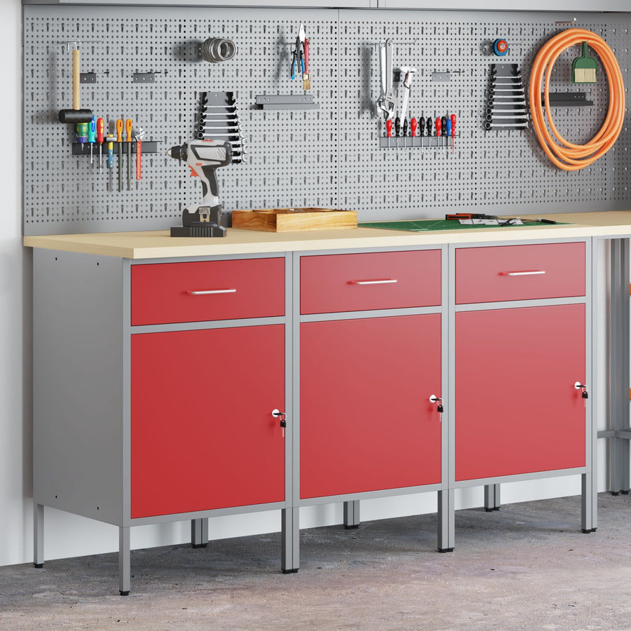 Werktafel 3-Delig En Grijs Van Geengineerd Hout En Staal 3x (84 cm) Rood 3x cabinet