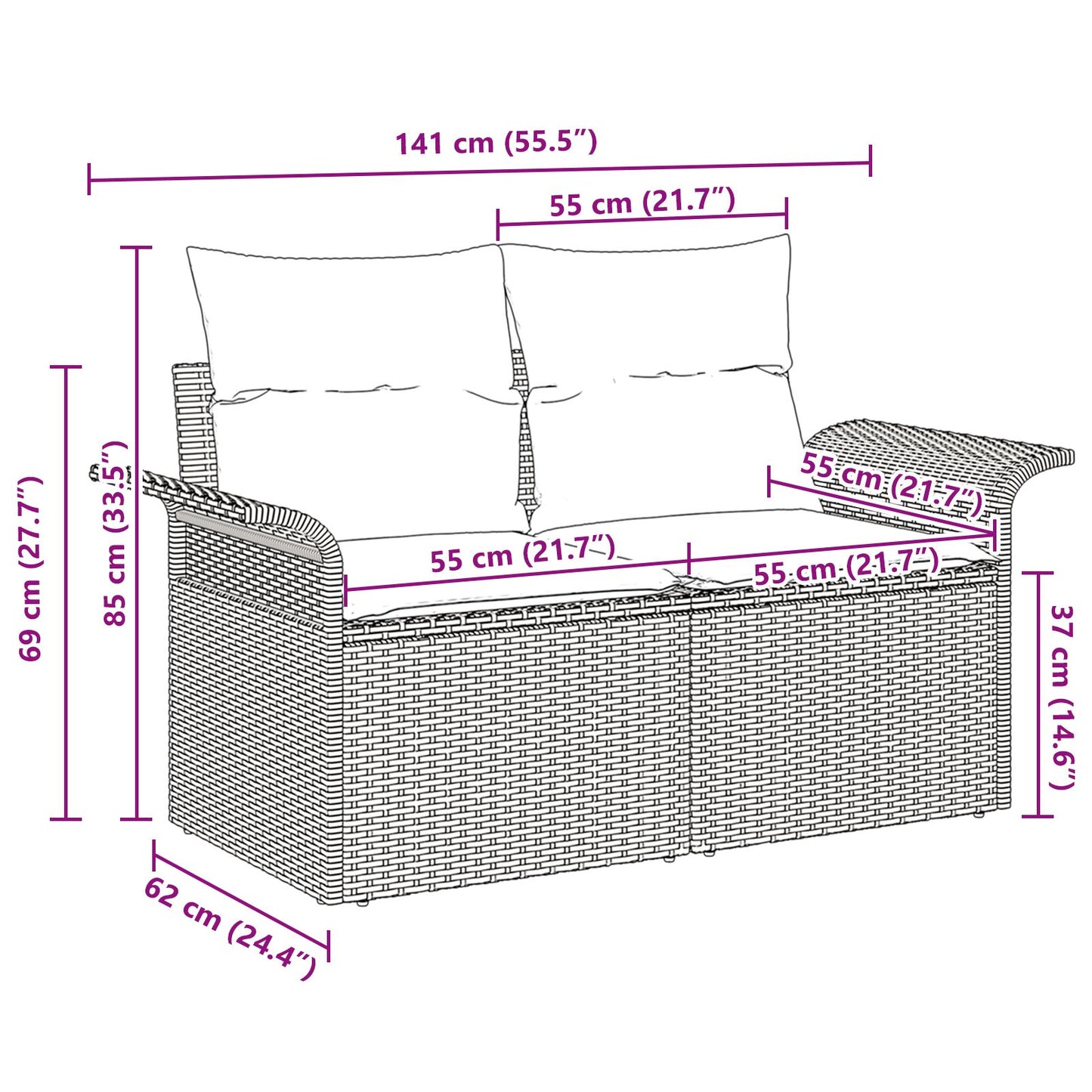 2-Zits Tuin Sofa & Kussens Poly Rattan Lichtgrijs met opslag