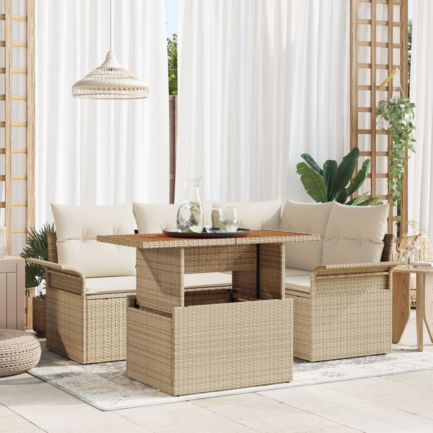5-Delige Tuin Eet Set Met Kussens Beige Poly Rattan Acacia