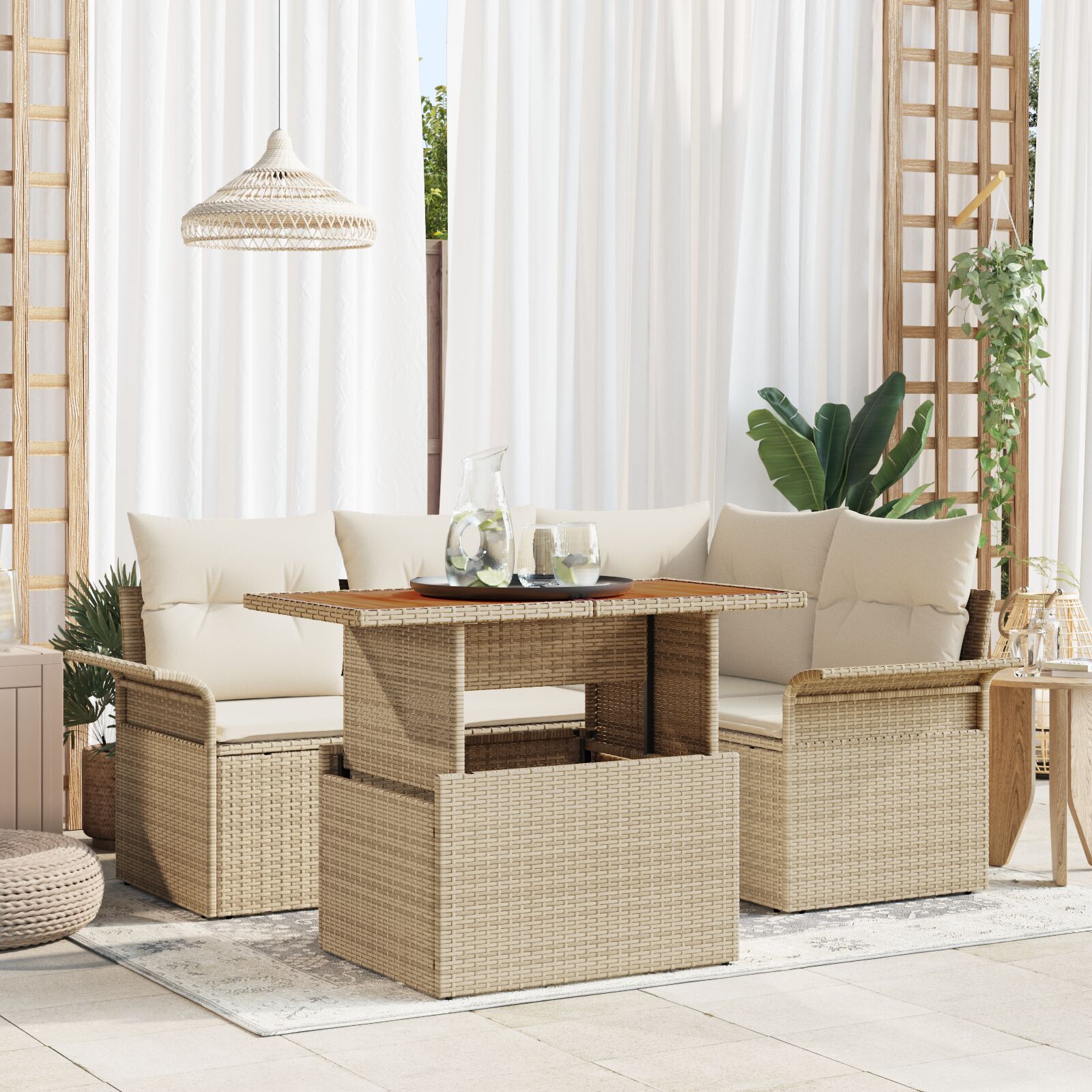 5-Delige Tuin Eet Set Met Kussens Beige Poly Rattan Acacia