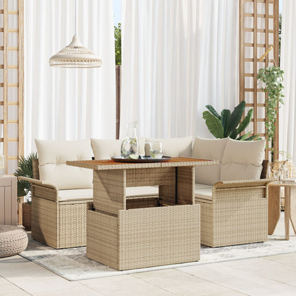 5-Delige Tuin Eet Set Met Kussens Beige Poly Rattan Acacia