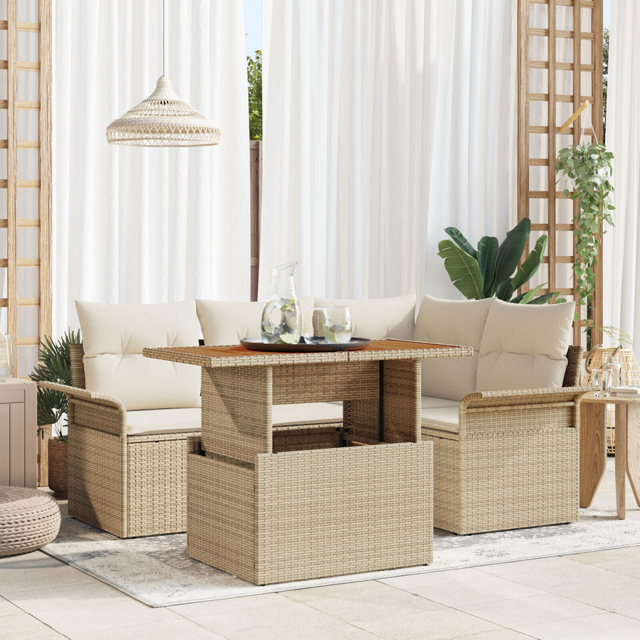 5-Delige Tuin Eet Set Met Kussens Beige Poly Rattan Acacia