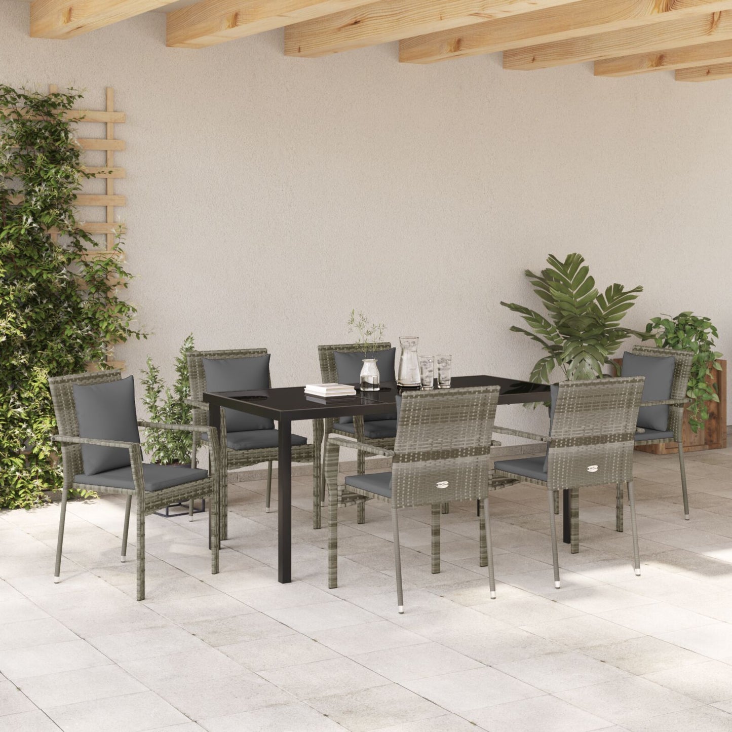7-Delige Tuin Dining Set Met Kussens Grijs Poly Rattan