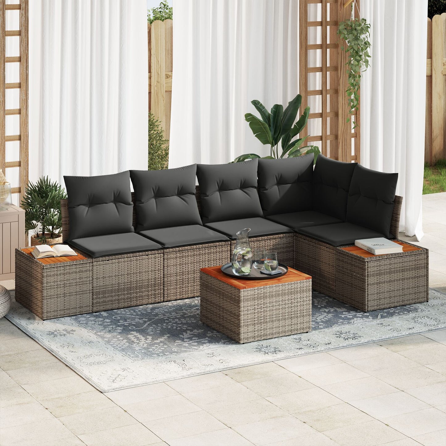 6-Delige Tuin Sofa Set Met Kussens Grijs Poly Rattan Acacia