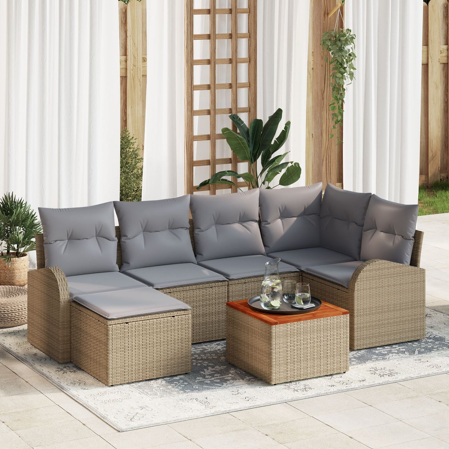7-Delige Tuin Sofa Set Met Kussens Beige Poly Rieten Acacia