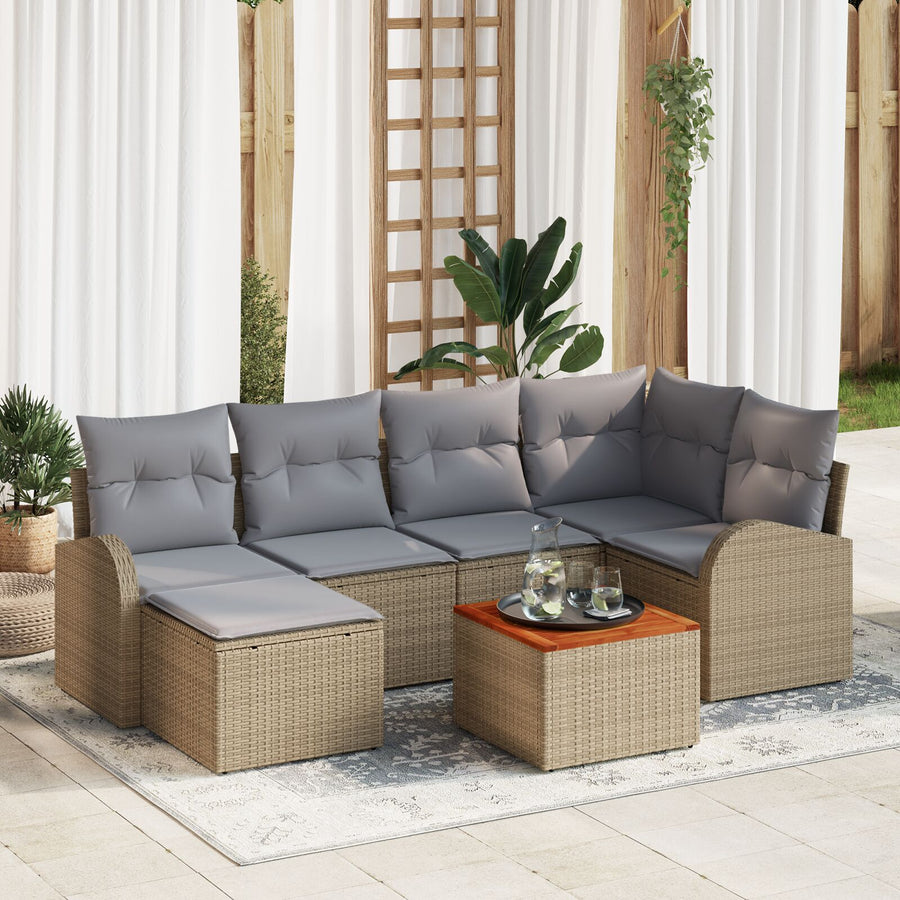 7-Delige Tuin Sofa Set Met Kussens Beige Poly Rieten Acacia