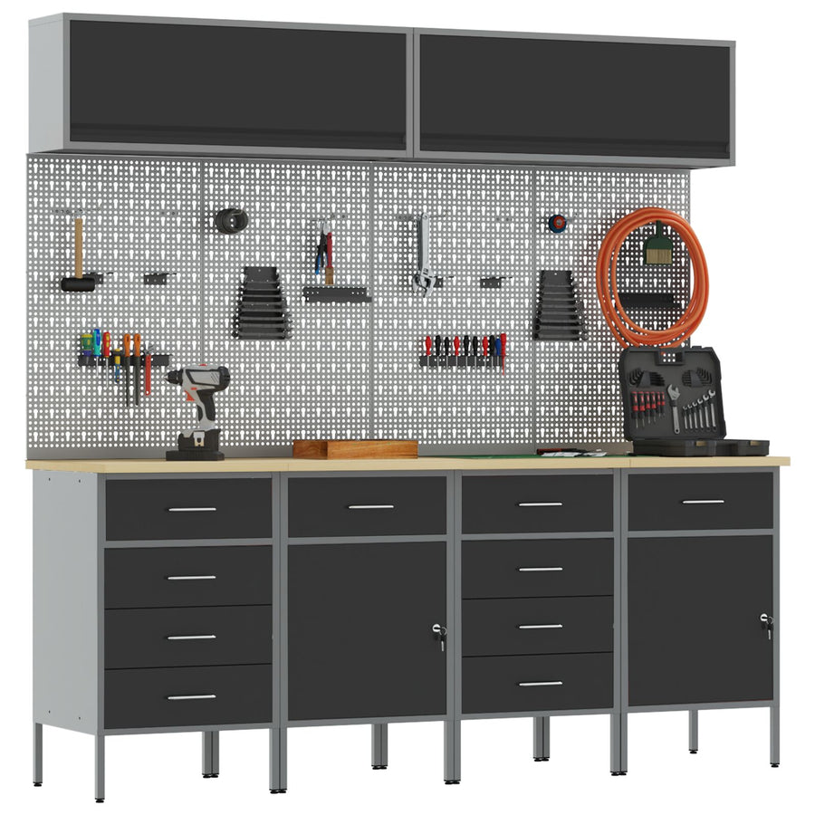 10-Delige Werkcabinet En Pegboard Set Mdf En Metaal 4x (2x84/2x85 cm) Zwart 4x kast + 4x pegboard + 2x kast met deur