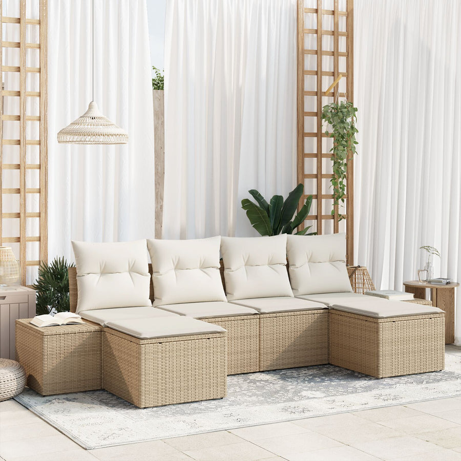 6 Delige Tuin Sofa Set Met Kussens Beige Poly Rattan