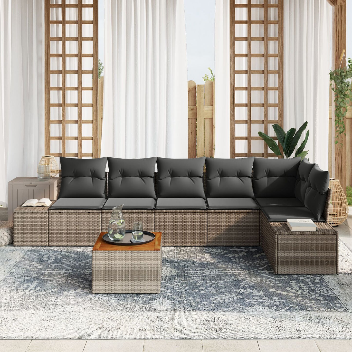 7-Delig Tuinbankstel Met Kussens Grijs Poly Rattan Acacia
