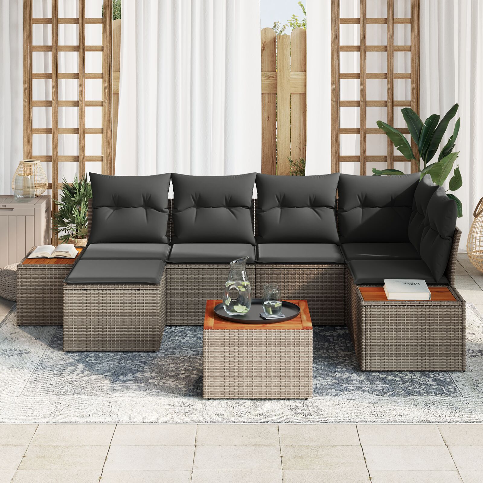 7-Delige Tuin Sofa Set Met Kussens Grijs Poly Rattan Acacia