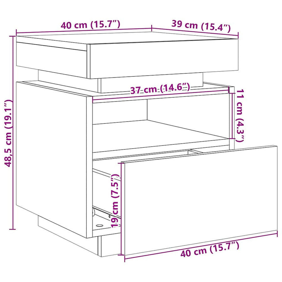 Nachtkastje Met Led-Verlichting 2 Stuks Zwart Eiken 40X39X48,5 Cm