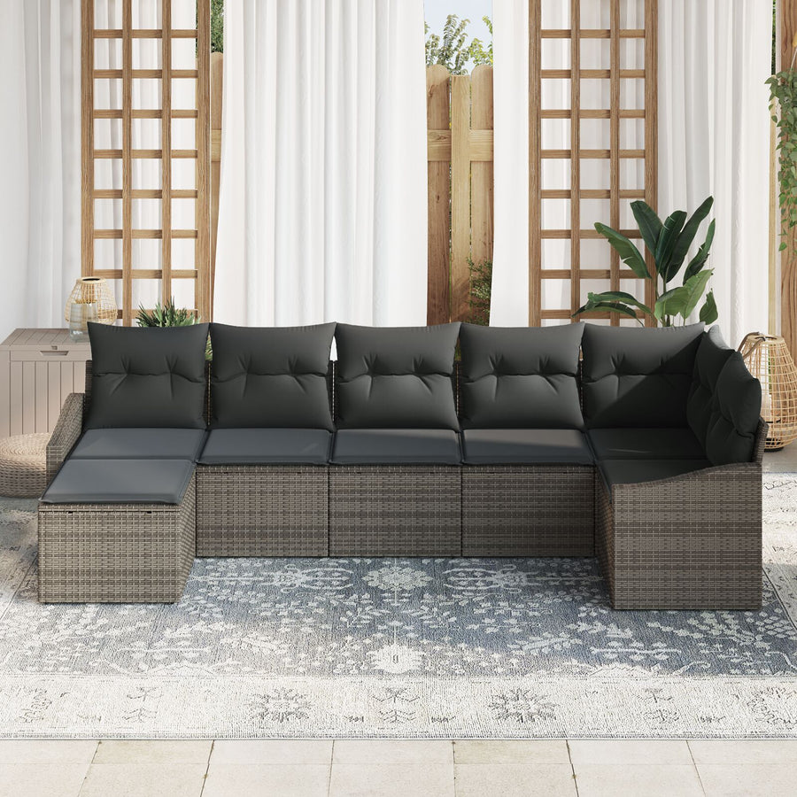 7-Delige Tuinsofa Set Met Kussens Grijs Poly Rattan