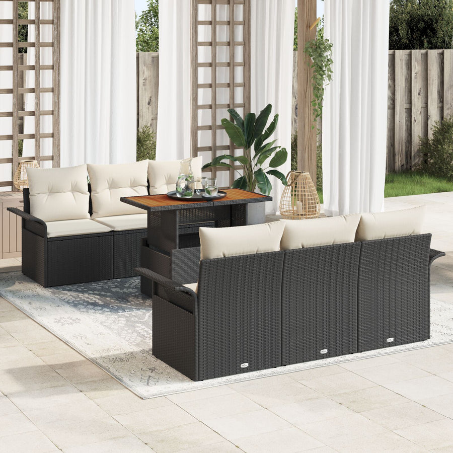 7-Delige Tuin Sofa Set Met Kussens Zwart Poly Rattan Acacia