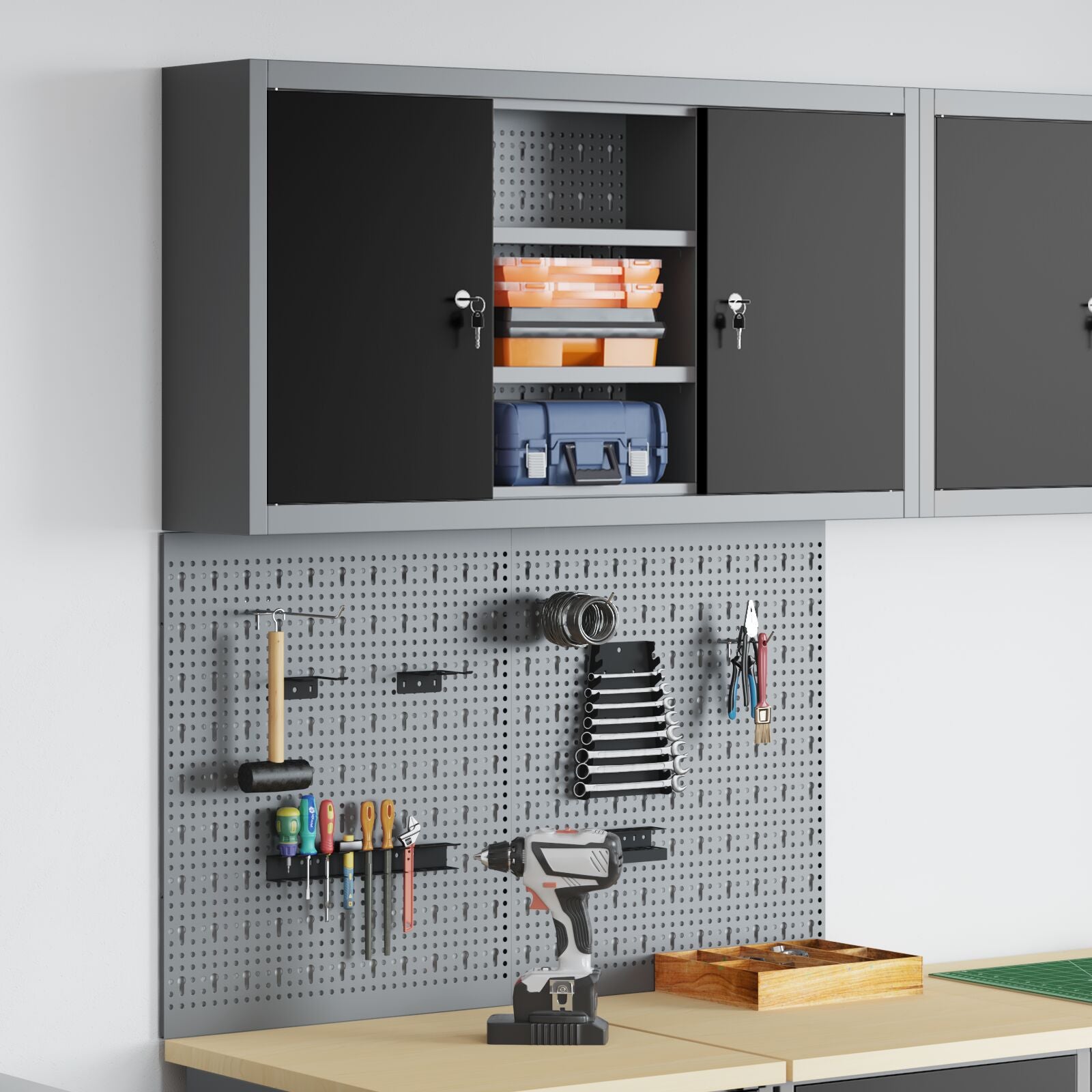 3 Delige Gereedschapskast En Pegboard Set Wandgemonteerd Zwart Metaal
