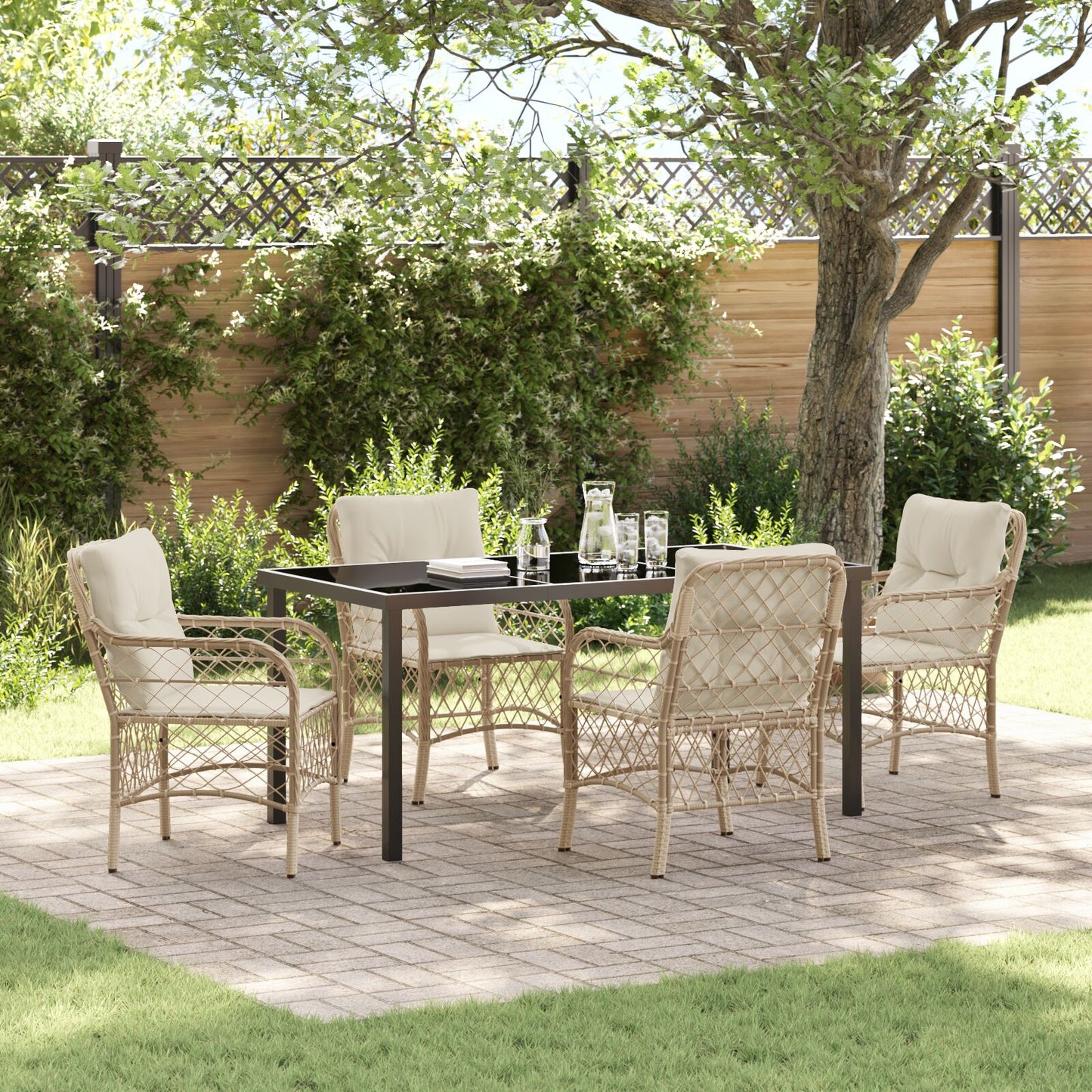5-Delige Tuin Eetset Met Kussens Beige Poly Rattan