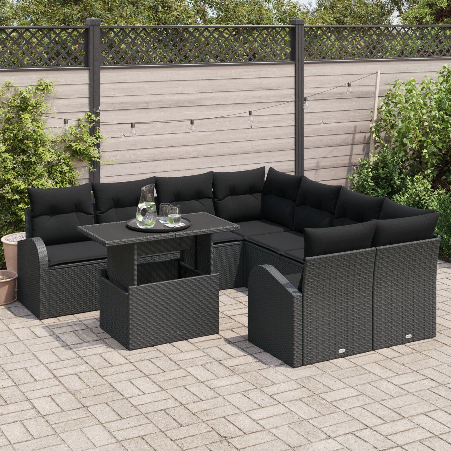 9-Delige Tuinbankset Met Kussens Zwart Poly Rattan