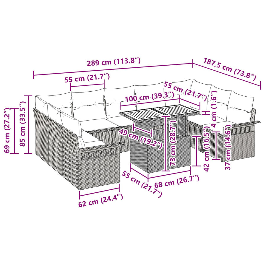 10-Delige Tuin Eetset Met Kussens Beige Poly Rattan Acacia