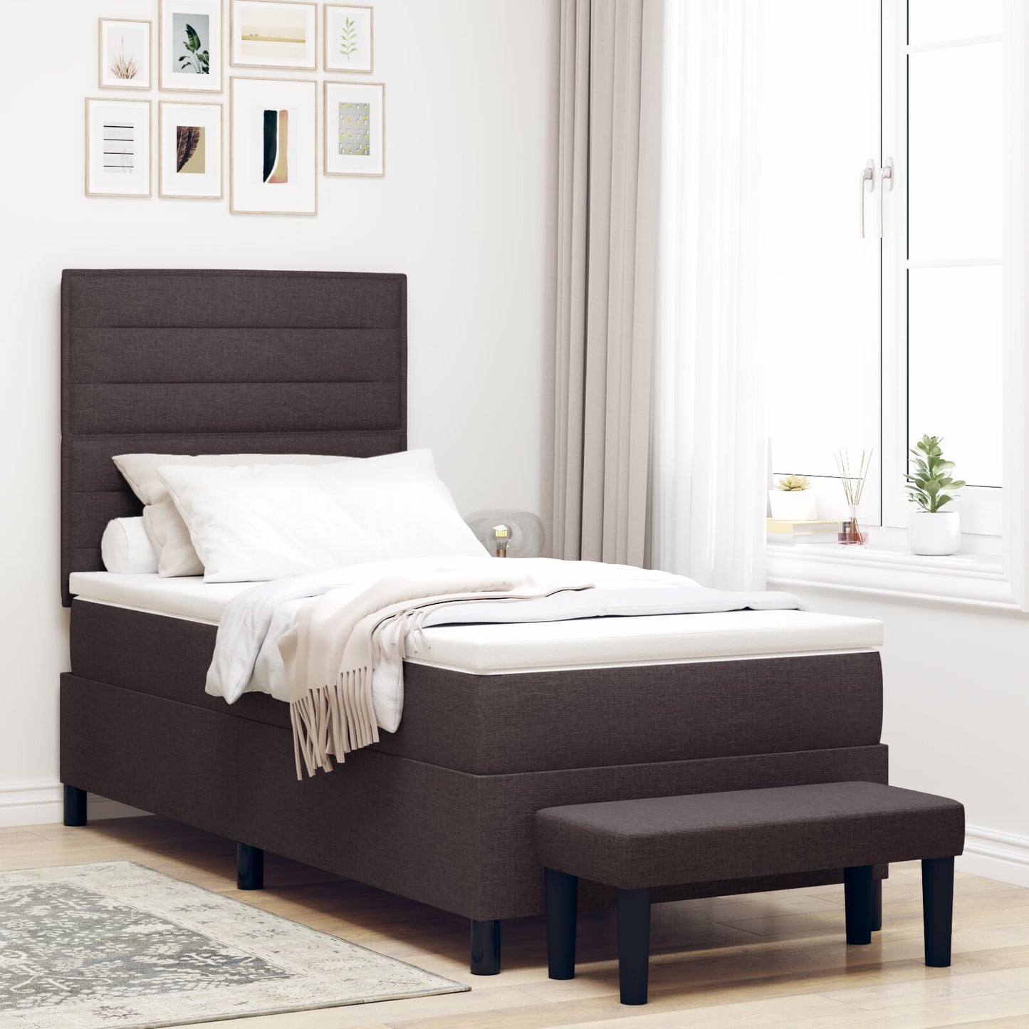 Boxspringbed Met Matras & Bank Stof Donkerbruin 100 x 200 cm Lijnen design